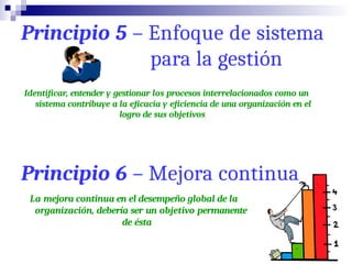 Principio 5 – Enfoque de sistema
para la gestión
Identificar, entender y gestionar los procesos interrelacionados como un
sistema contribuye a la eficacia y eficiencia de una organización en el
logro de sus objetivos
Principio 6 – Mejora continua
La mejora continua en el desempeño global de la
organización, debería ser un objetivo permanente
de ésta
 