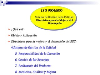 ISO 9004:2000
Sistema de Gestión de la Calidad
Directrices para la Mejora del
Desempeño
➢ ¿Qué es?
➢ Objeto y Aplicación
➢ Directrices para la mejora y el desempeño del SGC:
4.Sistema de Gestión de la Calidad
5. Responsabilidad de la Dirección
6. Gestión de los Recursos
7. Realización del Producto
8. Medición, Análisis y Mejora
 
