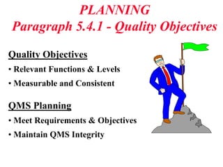 PLANNING
Paragraph 5.4.1 - Quality Objectives
Quality Objectives
• Relevant Functions & Levels
• Measurable and Consistent
QMS Planning
• Meet Requirements & Objectives
• Maintain QMS Integrity
 