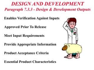 DESIGN AND DEVELOPMENT
Paragraph 7.3.3 - Design & Development Outputs
Enables Verification Against Inputs
Approved Prior To Release
Meet Input Requirements
Provide Appropriate Information
Product Acceptance Criteria
Essential Product Characteristics
 
