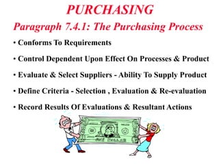 PURCHASING
Paragraph 7.4.1: The Purchasing Process
• Conforms To Requirements
• Control Dependent Upon Effect On Processes & Product
• Evaluate & Select Suppliers - Ability To Supply Product
• Define Criteria - Selection , Evaluation & Re-evaluation
• Record Results Of Evaluations & Resultant Actions
 