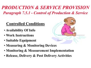 PRODUCTION & SERVICE PROVISION
Paragraph 7.5.1 - Control of Production & Service
Controlled Conditions
• Availability Of Info
• Work Instructions
• Suitable Equipment
• Measuring & Monitoring Devices
• Monitoring & Measurement Implementation
• Release, Delivery & Post Delivery Activities
 