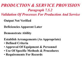 PRODUCTION & SERVICE PROVISION
Paragraph 7.5.2
Validation Of Processes For Production And Service
Output Not Verified
Deficiencies Apparent Later
Demonstrate Ability
Establish Arrangements (As Appropriate)
• Defined Criteria
• Approval Of Equipment & Personnel
• Use Of Specific Methods & Procedures
• Requirements For Records
 