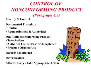 CONTROL OF
NONCONFORMING PRODUCT
(Paragraph 8.3)
Identify & Control
Documented Procedure
• Control
• Responsibilities & Authorities
Deal With nonconforming Product
• Take Actions
• Authorize Use, Release or Acceptance
• Preclude Original Use
Records Maintained
Reverification
After Delivery - Take Appropriate Action
 