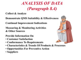 ANALYSIS OF DATA
(Paragraph 8.4)
Collect & Analyze
Demonstrate QMS Suitability & Effectiveness
Continual Improvement Indications
Measuring & Monitoring Activities
& Other Sources
Provide Information On
• Customer Satisfaction
• Conformance To Requirements
• Characteristics & Trends Of Products & Processes
• Opportunities For Preventive Action
• Suppliers
 