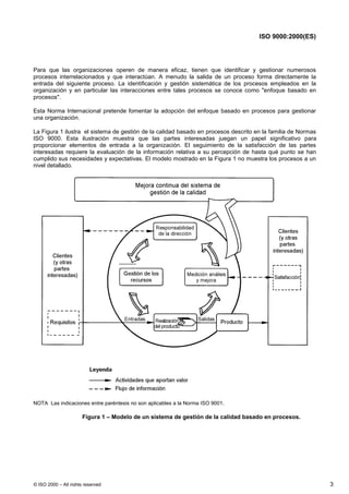 ISO 9000:2000(ES)




Para que las organizaciones operen de manera eficaz, tienen que             identificar y gestionar numerosos
procesos interrelacionados y que interactúan. A menudo la salida de         un proceso forma directamente la
entrada del siguiente proceso. La identificación y gestión sistemática      de los procesos empleados en la
organización y en particular las interacciones entre tales procesos se      conoce como "enfoque basado en
procesos".

Esta Norma Internacional pretende fomentar la adopción del enfoque basado en procesos para gestionar
una organización.

La Figura 1 ilustra el sistema de gestión de la calidad basado en procesos descrito en la familia de Normas
ISO 9000. Esta ilustración muestra que las partes interesadas juegan un papel significativo para
proporcionar elementos de entrada a la organización. El seguimiento de la satisfacción de las partes
interesadas requiere la evaluación de la información relativa a su percepción de hasta qué punto se han
cumplido sus necesidades y expectativas. El modelo mostrado en la Figura 1 no muestra los procesos a un
nivel detallado.




NOTA Las indicaciones entre paréntesis no son aplicables a la Norma ISO 9001.

                       Figura 1 – Modelo de un sistema de gestión de la calidad basado en procesos.




© ISO 2000 – All rights reserved                                                                                3
 