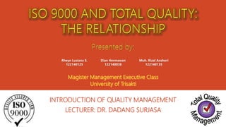 INTRODUCTION OF QUALITY MANAGEMENT
LECTURER: DR. DADANG SURJASA
Dian Hermawan
122140038
Rheyn Lusiana S.
122140125
Muh. Rizal Anshori
122140135
 