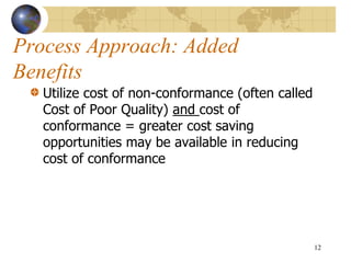 Process Approach: Added
Benefits
Utilize cost of non-conformance (often called
Cost of Poor Quality) and cost of
conformance = greater cost saving
opportunities may be available in reducing
cost of conformance
12
 