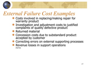 External Failure Cost Examples
Costs involved in replacing/making repair for
warranty product
Investigation and adjustment costs to justified
complaints of quality defective product
Returned material
Concession costs due to substandard product
accepted by customer
Correcting errors on external supporting processes
Revenue losses in support operations
(Gyrna)
17
 