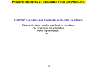 PRINCIPE ESSENTIEL 2 : EXIGENCES POUR LES PRODUITS. L’ISO 9001 ne présente pas d’exigences concernant les produits. Elles sont incluses dans les spécifications des clients, Par l’organisme par anticipation, Par la réglementation,  etc.… 