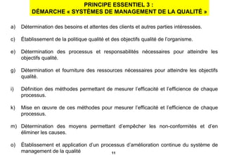 PRINCIPE ESSENTIEL 3 :  DÉMARCHE « SYSTÈMES DE MANAGEMENT DE LA QUALITÉ » Détermination des besoins et attentes des clients et autres parties intéressées. Établissement de la politique qualité et des objectifs qualité de l’organisme. Détermination des processus et responsabilités nécessaires pour atteindre les objectifs qualité. Détermination et fourniture des ressources nécessaires pour atteindre les objectifs qualité. Définition des méthodes permettant de mesurer l’efficacité et l’efficience de chaque processus. Mise en œuvre de ces méthodes pour mesurer l’efficacité et l’efficience de chaque processus. Détermination des moyens permettant d’empêcher les non-conformités et d’en éliminer les causes. Établissement et application d’un processus d’amélioration continue du système de management de la qualité 