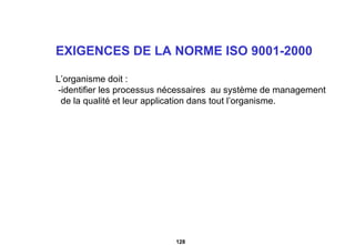 EXIGENCES DE LA NORME ISO 9001-2000 L’organisme doit : -identifier les processus nécessaires  au système de management  de la qualité et leur application dans tout l’organisme. 