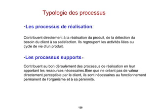 Typologie des processus - Les processus de réalisation : Contribuent directement à la réalisation du produit, de la détection du besoin du client à sa satisfaction. Ils regroupent les activités liées au  cycle de vie d’un produit. - Les processus supports  : Contribuent au bon déroulement des processus de réalisation en leur  apportant les ressources nécessaires.Bien que ne créant pas de valeur  directement perceptible par le client, ils sont nécessaires au fonctionnement  permanent de l’organisme et à sa pérennité.  