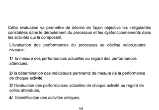 Cette évaluation va permettre de décrire de façon objective les irrégularités constatées dans le déroulement du processus et les dysfonctionnements dans les activités qui le composent. L'évaluation des performances du processus se décline selon,quatre niveaux:  1/   la mesure des performances actuelles au regard des performances attendues, 2/  la détermination des indicateurs pertinents de mesure de la performance de chaque activité, 3/  l'évaluation des performances actuelles de chaque activité au regard de celles attendues, 4/   l'identification des activités critiques.  