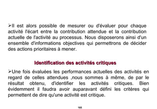 Il est alors possible de mesurer ou d'évaluer pour chaque activité l'écart entre la contribution attendue et la contribution actuelle de l'activité au processus. Nous disposerons ainsi d'un ensemble d'informations objectives qui permettrons de décider des actions prioritaires à mener. Identification des activités critiques  Une fois évaluées les performances actuelles des activités en regard de celles attendues  , nous sommes à même, de par le résultat obtenu, d'identifier les activités critiques. Bien évidemment il faudra avoir auparavant défini les critères qui permettent de dire qu'une activité est critique.  