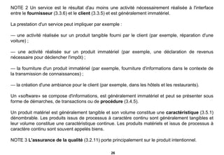 NOTE 2 Un service est le résultat d'au moins une activité nécessairement réalisée à l'interface entre le  fournisseur  (3.3.6) et le  client  (3.3.5) et est généralement immatériel.  La prestation d'un service peut impliquer par exemple :   —  une activité réalisée sur un produit tangible fourni par le client (par exemple, réparation d'une voiture) ;   —  une activité réalisée sur un produit immatériel (par exemple, une déclaration de revenus nécessaire pour déclencher l'impôt) ;   —  la fourniture d'un produit immatériel (par exemple, fourniture d'informations dans le contexte de la transmission de connaissances) ;   —  la création d'une ambiance pour le client (par exemple, dans les hôtels et les restaurants).   Un «software» se compose d'informations, est généralement immatériel et peut se présenter sous forme de démarches, de transactions ou de  procédure  (3.4.5).   Un produit matériel est généralement tangible et son volume constitue une  caractéristique  (3.5.1) dénombrable. Les produits issus de processus à caractère continu sont généralement tangibles et leur volume constitue une caractéristique continue. Les produits matériels et issus de processus à caractère continu sont souvent appelés biens.   NOTE 3  L'assurance de la qualité  (3.2.11) porte principalement sur le produit intentionnel.   