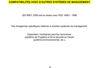 COMPATIBILITÉS AVEC D’AUTRES SYSTÈMES DE MANAGEMENT ISO 9001: 2000 est en phase avec l’ISO 14001 : 1996 Pas d’exigences spécifiques relatives à d’autres systèmes de management. Cependant, l’entreprise peut les harmoniser  (système de l’hygiène et de la sécurité au travail, système environnemental, etc.). 