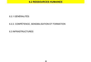 6.2 RESSOURCES HUMAINES 6.2.1 GÉNÉRALITÉS 6.2.2. COMPÉTENCE, SENSIBILISATION ET FORMATION 6.3 INFRASTRUCTURES 