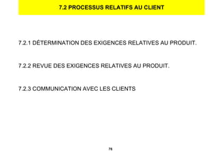 7.2 PROCESSUS RELATIFS AU CLIENT 7.2.1 DÉTERMINATION DES EXIGENCES RELATIVES AU PRODUIT. 7.2.2 REVUE DES EXIGENCES RELATIVES AU PRODUIT. 7.2.3 COMMUNICATION AVEC LES CLIENTS 