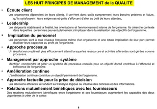 LES HUIT PRINCIPES DE MANAGEMENT de la QUALITE Écoute client   Les organismes dépendent de leurs clients, il convient donc qu'ils comprennent leurs besoins présents et futurs, qu'ils satisfassent  leurs exigences et qu'ils s'efforcent d'aller au delà de leurs attentes . Leadership Les dirigeants établissent la finalité, les orientations et l'environnement interne de l'organisme. Ils créent le contexte dans lequel les  personnes peuvent pleinement s'impliquer dans la réalisation des objectifs de l'organisme. Implication du personnel   Les personnes sont à tous niveaux l'essence même d'un organisme et une totale implication de leur part permet d'utiliser leurs capacités au profit de l'organisme. Approche processus Un résultat escompté est plus efficacement atteint lorsque les ressources et activités afférentes sont gérées comme processus. Management par approche  système   Identifier, comprendre et gérer un système de processus corrélés pour un objectif donné contribue à l'efficacité et l'efficience de l'organisme. Amélioration continue L'amélioration continue constitue un objectif permanent de l'organisme. Approche factuelle pour la prise de décision Les décisions efficaces se fondent sur l'analyse logique ou intuitive des données et des informations. Relations mutuellement bénéfiques avec les fournisseurs Des relations mutuellement bénéfiques entre l'organisme et ses fournisseurs augmentent les capacités des deux organismes à créer de la valeur. 