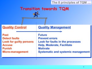 The 8 principles of TQM …

            Transition towards TQM



Quality Control
Quality Control           Quality Management
                          Quality Management

Past
Past                      Future
                          Future
Detect faults
Detect faults             Prevent errors
                          Prevent errors
Look for guilty persons
Look for guilty persons   Look for faults in the processes
                          Look for faults in the processes
Accuse
Accuse                    Help, Moderate, Facilitate
                          Help, Moderate, Facilitate
Punish
Punish                    Motivate
                          Motivate
Micro-management
Micro-management          Systematic and systemic management
                          Systematic and systemic management



                                                       9
 
