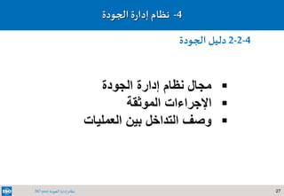 27‫الجودة‬ ‫إدارة‬ ‫نظام‬ISO 9001
4-‫نظام‬‫ة‬‫ر‬‫إدا‬‫الجودة‬
4-2-2‫الجودة‬ ‫دليل‬
‫الجودة‬ ‫إدارة‬ ‫نظام‬ ‫مجال‬
‫الموثقة‬ ‫اإلجراءات‬
‫العمليات‬ ‫بين‬ ‫التداخل‬ ‫وصف‬
 