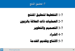 44‫الجودة‬ ‫إدارة‬ ‫نظام‬ISO 9001
7-‫تحقيق‬‫املنتج‬
7-1‫املنتج‬ ‫لتحقيق‬ ‫التخطيط‬
7-2‫العمليات‬‫بالزبون‬ ‫العالقة‬ ‫ذات‬
7-3‫والتطوير‬ ‫التصميم‬
7-4‫الشراء‬
7-5‫اخلدم‬ ‫وتقديم‬ ‫االنتاج‬‫ة‬
 