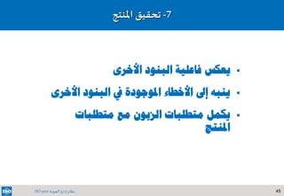 45‫الجودة‬ ‫إدارة‬ ‫نظام‬ISO 9001
7-‫تحقيق‬‫املنتج‬
‫األخرى‬ ‫البنود‬ ‫فاعلية‬ ‫يعكس‬
‫األ‬ ‫البنود‬ ‫يف‬ ‫املوجودة‬ ‫األخطاء‬ ‫إىل‬ ‫ينبه‬‫خرى‬
‫متطلبات‬ ‫مع‬ ‫الزبون‬ ‫متطلبات‬ ‫يكمل‬
‫املنتج‬
 