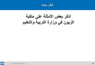 49‫الجودة‬ ‫إدارة‬ ‫نظام‬ISO 9001
‫معنا‬‫فكر‬
‫ملكية‬ ‫على‬ ‫األمثلة‬ ‫بعض‬ ‫اذكر‬
‫والتعل‬ ‫التربية‬ ‫وزارة‬ ‫في‬ ‫الزبون‬‫يم‬
 