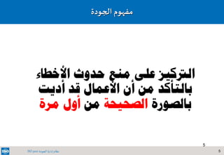 5‫الجودة‬ ‫إدارة‬ ‫نظام‬ISO 9001
5
‫مفهوم‬‫الجودة‬
‫الرتكيز‬‫على‬‫منع‬‫األخطاء‬ ‫حدوث‬
‫أديت‬ ‫قد‬ ‫األعمال‬ ‫أن‬ ‫من‬ ‫بالتأكد‬
‫بالصورة‬‫الصحيحة‬‫من‬‫مرة‬ ‫أول‬
 