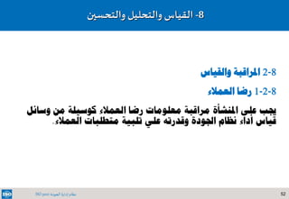 52‫الجودة‬ ‫إدارة‬ ‫نظام‬ISO 9001
8-‫والتحسين‬ ‫والتحليل‬ ‫القياس‬
8-2‫والقياس‬ ‫املراقبة‬
8-2-1‫رضا‬‫العمالء‬
‫مراقبة‬ ‫املنشأة‬ ‫على‬ ‫جيب‬‫رضا‬ ‫معلومات‬‫وسائ‬ ‫من‬ ‫كوسيلة‬ ‫العمالء‬‫ل‬
‫علي‬ ‫وقدرته‬ ‫اجلودة‬ ‫نظام‬ ‫أداء‬ ‫قياس‬‫مت‬ ‫تلبية‬‫ط‬‫لبات‬‫العمالء‬.
 