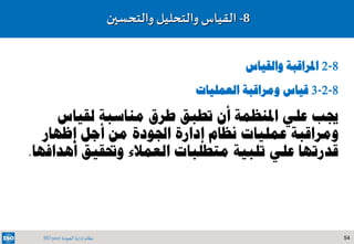 54‫الجودة‬ ‫إدارة‬ ‫نظام‬ISO 9001
8-‫والتحسين‬ ‫والتحليل‬ ‫القياس‬
8-2‫والقياس‬ ‫املراقبة‬
8-2-3‫العمليات‬ ‫ومراقبة‬ ‫قياس‬
‫لقياس‬ ‫مناسبة‬ ‫طرق‬ ‫تطبق‬ ‫أن‬ ‫املنظمة‬ ‫علي‬ ‫جيب‬
‫إظهار‬ ‫أجل‬ ‫من‬ ‫اجلودة‬ ‫إدارة‬ ‫نظام‬ ‫عمليات‬ ‫ومراقبة‬
‫أهد‬ ‫وحتقيق‬ ‫العمالء‬ ‫متطلبات‬ ‫تلبية‬ ‫علي‬ ‫قدرتها‬‫افها‬.
 