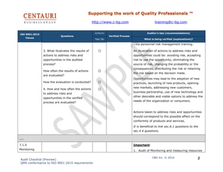 Supporting the work of Quality Professionals ™
http://www.c-bg.com training@c-bg.com
Audit Checklist (Preview)
QMS conformance to ISO 9001:2015 requirements
CBG Inc. © 2016 2
ISO 9001:2015
Clause
Questions
Conforms
Verified Process
Auditor’s tips (recommendations)
Yes/ No What is being verified (explanations)?
- via personnel risk management training.
3. What illustrates the results of
actions to address risks and
opportunities in the audited
process?
☐ An illustration of actions to address risks and
opportunities could be: avoiding risk, accepting
risk to use the opportunity, eliminating the
source of risk, changing the probability or the
consequences, distributing the risk or retaining
the risk based on the decision made.
Opportunities may lead to the adoption of new
practices, launching of new products, opening
new markets, addressing new customers,
business partnership, use of new technology and
other desirable and viable options to address the
needs of the organization or consumers.
Actions taken to address risks and opportunities
should correspond to the possible effect on the
conformity of products and services.
It is beneficial to link sec.6.1 questions to the
sec.4.4 questions.
How often the results of actions
are evaluated?
☐
How the evaluation is conducted? ☐
4. How and how often the actions
to address risks and
opportunities in the verified
process are evaluated?
☐
…
7.1.5
Monitoring
Important:
1. Audit of Monitoring and measuring resources
 