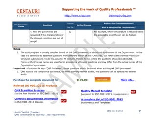 Supporting the work of Quality Professionals ™
http://www.c-bg.com training@c-bg.com
Audit Checklist (Preview)
QMS conformance to ISO 9001:2015 requirements
CBG Inc. © 2016 7
ISO 9001:2015
Clause
Questions
Conforms
Verified Process
Auditor’s tips (recommendations)
Yes/ No What is being verified (explanations)?
4. How the parameters are
regulated if the characteristics of
the storage conditions are out of
range?
☐ For example, when temperature is reduced below
the acceptable level the air can be heated.
…
Notes:
1. The audit program is usually compiles based on the QMS processes (or structural subdivisions of the Organization. In this
case it is beneficial to assemble questions from different section of this ‘Checklist’, that refer to the verified Process (or
structural subdivision). To do this, column #4 contains Process name, where the questions should be attributed.
Moreover the Process names are specified in accordance with good practices and may differ from the actual names of the
Organization's processes.
Important – if column #4 says ‘QMS Processes’, those questions should be asked when auditing all QMS processes!
2. QMS audit is the compliance spot check, so when planning internal audits, the questions can be spread into several
audits.
Purchase the complete document for $109.00 More info…
Related ISO 9001:2015 Products
QMS Transition Program
(to the New Version of ISO 9001:2015)
Quality Manual Template
(updated to ISO 9001:2015 requirements)
Control of Documented Information
in ISO 9001:2015 Clauses
A complete List of ISO 9001:2015
Documents and Templates
 