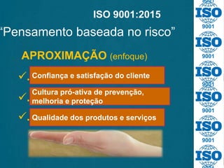 ISO 9001:2015
APROXIMAÇÃO (enfoque)
“Pensamento baseada no risco”
Confiança e satisfação do cliente.
Cultura pró-ativa de prevenção,
melhoria e proteção.
Qualidade dos produtos e serviços.
9001
9001
9001
9001
9001
9001
 