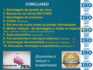 ¡Economia é
reduzir o
investimento!.
9001
9001
9001
9001
9001
9001
1. Abordagem de gestão de risco
2. Baseia-se na norma ISO 31000
3. Abordagem de processo
4. Chefia (liderazgo)
5. Ele leva em conta todas as partes interessadas
6. Melhor redação da abordagem a todas as organizações
(Mejor redacción y enfoque a todas las organizaciones)
7: Ação preventiva (desaparece X )
8. Fornecimentos e serviços externos (Compras X )
9. Informação documentada (documentos e registros X )
10. Educação, formação e experiência (habilidades X )
CONCLUSÃO
 