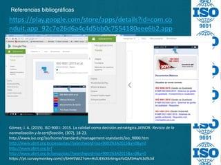 9001
9001
9001
9001
9001
9001
https://play.google.com/store/apps/details?id=com.co
nduit.app_92c7e26d6a4c4d5bb0c7554180eee6b2.app
Referencias bibliográficas
Gómez, J. A. (2015). ISO 9001: 2015. La calidad como decisión estratégica.AENOR: Revista de la
normalización y la certificación, (307), 18-23.
http://www.iso.org/iso/home/standards/management-standards/iso_9000.htm
http://www.abnt.org.br/pesquisas/?searchword=iso+9001%3A2015&x=0&y=0
http://www.abnt.org.br/
http://www.abnt.org.br/pesquisas/?searchword=iso+9001%3A2015&x=0&y=0
https://pt.surveymonkey.com/r/6HH5WJZ?sm=HslUEtkX6rkrqyaYaQM5Hw%3d%3d
 
