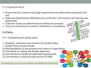 5.1.2 Customer focus
 Ensure that the customer and legal requirements are determined,understood and
met.
 Risks and Opportunities affecting to the conformity of the product and services are
determined.
 Customer issues are determined and addressed promptly
 Focus on improving the customer satisfaction is maintained.
5.2 Policy
5.2.1 Establishing the quality policy
 Establish, implement and maintain the Quality Policy.
 Quality Policy should include :
 Appropriateness to the purpose and context of organization.
 Framework for setting the Quality objectives.
 Commitment to satisfy the applicable requirements.
 Commitment to continual improvement of QMS.
 