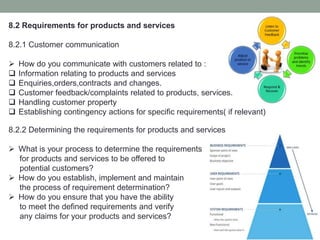 8.2 Requirements for products and services
8.2.1 Customer communication
 How do you communicate with customers related to :
 Information relating to products and services
 Enquiries,orders,contracts and changes.
 Customer feedback/complaints related to products, services.
 Handling customer property
 Establishing contingency actions for specific requirements( if relevant)
8.2.2 Determining the requirements for products and services
 What is your process to determine the requirements
for products and services to be offered to
potential customers?
 How do you establish, implement and maintain
the process of requirement determination?
 How do you ensure that you have the ability
to meet the defined requirements and verify
any claims for your products and services?
 