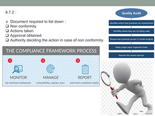 8.7.2 :
 Document required to list down :
 Non conformity
 Actions taken
 Approval obtained
 Authority deciding the action in case of non conformity.
 