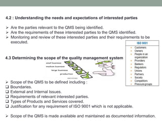4.2 : Understanding the needs and expectations of interested parties
 Are the parties relevant to the QMS being identified.
 Are the requirements of these interested parties to the QMS identified.
 Monitoring and review of these interested parties and their requirements to be
executed.
4.3 Determining the scope of the quality management system
 Scope of the QMS to be defined including :
 Boundaries.
 External and Internal Issues.
 Requirements of relevant interested parties.
 Types of Products and Services covered.
 Justification for any requirement of ISO 9001 which is not applicable.
 Scope of the QMS is made available and maintained as documented information.
 