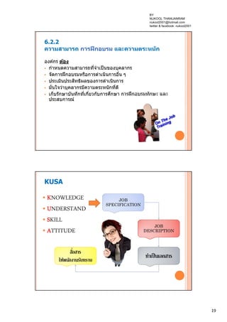 19
6.2.2
ความสามารถ การฝึกอบรม และความตระหนัก
องค์กร ต้อง
 กําหนดความสามารถที่จําเป็นของบุคลากร
 จัดการฝึกอบรมหรือการดําเนินการอื่น ๆ
 ประเมินประสิทธิผลของการดําเนินการ
 มั่นใจว่าบุคลากรมีความตระหนักที่ดี
 เก็บรักษาบันทึกที่เกี่ยวกับการศึกษา การฝึกอบรมทักษะ และ
ประสบการณ์
KUSA
 KNOWLEDGE
 UNDERSTAND
 SKILL
 ATTITUDE
JOB
SPECIFICATION
JOB
DESCRIPTION
ทําเป็นเอกสาร
สื่อสาร
ให้พนักงานรับทราบ
BY
NUKOOL THANUANRAM
nukool2001@hotmail.com
twitter & facebook: nukool2001
 