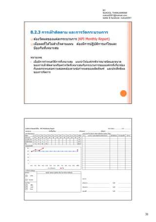 31
8.2.3 การเฝ้ าติดตาม และการวัดกระบวนการ
 ต ้องวัดผลของแต่ละกระบวนการ (KPI Monthly Report)
 เมื่อผลที่ได ้ไม่สําเร็จตามแผน ต ้องมีการปฏิบัติการแก ้ไขและ
ป้องกันที่เหมาะสม
หมายเหตุ
 เมื่อมีการกําหนดวิธีการที่เหมาะสม แนะนําให ้องค์กรพิจารณาชนิดและขนาด
ของการเฝ้าติดตามหรือตรวจวัดที่เหมาะสมกับกระบวนการขององค์กรที่เกี่ยวข ้อง
กับผลกระทบต่อความสอดคล ้องตามข ้อกําหนดของผลิตภัณฑ์ และประสิทธิผล
ของการจัดการ
BY
NUKOOL THANUANRAM
nukool2001@hotmail.com
twitter & facebook: nukool2001
 