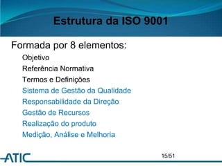 Estrutura da ISO 9001
Formada por 8 elementos:
Objetivo
Referência Normativa
Termos e Definições
Sistema de Gestão da Qualidade
Responsabilidade da Direção
Gestão de Recursos
Realização do produto
Medição, Análise e Melhoria
15/51
 
