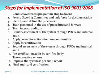 Steps for implementation of ISO 9001:2008
   1.      Conduct awareness programme (top to down)
   2.      Form a Steering Committee and task force for documentation
   3.      Identify and define the processes
   4.      Train personnel in the use of procedures and formats
   5.      Train internal auditors
   6.      Primary assessment of the system through PDCA and internal
           audit
   7.      Apply corrective actions for non-conformities
   8.      Apply for certification
   9.      Second assessment of the system through PDCA and internal
           audit
   10.     Pre-certification audit by certified body
   11.     Take corrective actions
   12.     Improve the system as per audit report
   13.     Final audit and certification

3-Nov-12                ISO 9001:2008 @ MGSSNF by Mr Deenesh Goundory   14
 