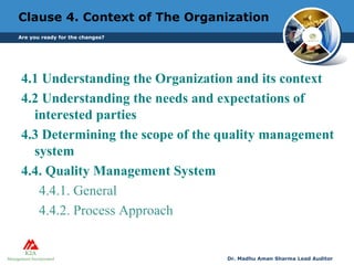 Clause 4. Context of The Organization
4.1 Understanding the Organization and its context
4.2 Understanding the needs and expectations of
interested parties
4.3 Determining the scope of the quality management
system
4.4. Quality Management System
4.4.1. General
4.4.2. Process Approach
Are you ready for the changes?
Dr. Madhu Aman Sharma Lead Auditor
 