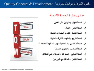 ‫الشاملة‬ ‫الجودة‬ ‫إدارة‬ ‫مبادئ‬
1
.
‫المبدأ‬
‫األول‬
:
‫التركيز‬
‫على‬
‫العميل‬
2
.
‫المبدأ‬
‫الثانى‬
:
‫القيادة‬
3
.
‫المبدأ‬
‫الثالث‬
:
‫نظرية‬
‫المشاركة‬
‫الكاملة‬
4
.
‫المبدأ‬
‫الرابع‬
:
‫أسلوب‬
‫اإلدارة‬
‫بالعمليات‬
5
.
‫المبدأ‬
‫الخامس‬
:
‫استخدام‬
‫أسلوب‬
‫المنظومة‬
‫المتكاملة‬
6
.
‫المبدأ‬
‫السادس‬
:
‫التطوير‬
‫المستمر‬
7
.
‫المبدأ‬
‫السابع‬
:
‫اتخاذ‬
‫القرارات‬
‫بناء‬
‫على‬
‫الحقائق‬
8
.
‫المبدأ‬
‫الثامن‬
:
‫العالقة‬
‫مع‬
‫الموردين‬
‫تطورها‬ ‫ومراحل‬ ‫الجودة‬ ‫مفهوم‬
Quality Concept & Development
Copyright ©Published by Trainer Dr. Sameh Hendy
 