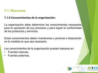 7.1. Recursos
7.1.6 Conocimientos de la organización.
La organización debe determinar los conocimientos necesarios
para la operación de sus procesos y para lograr la conformidad
de los productos y servicios.
Estos conocimientos deben mantenerse y ponerse a disposición
en la medida en que sea necesario.
Los conocimientos de la organización pueden basarse en:
• Fuentes internas.
• Fuentes externas.
.
 