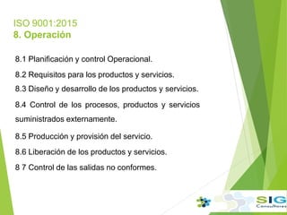 ISO 9001:2015
8. Operación
8.1 Planificación y control Operacional.
8.2 Requisitos para los productos y servicios.
8.3 Diseño y desarrollo de los productos y servicios.
8.4 Control de los procesos, productos y servicios
suministrados externamente.
8.5 Producción y provisión del servicio.
8.6 Liberación de los productos y servicios.
8 7 Control de las salidas no conformes.
 