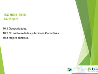 ISO 9001:2015
10. Mejora
10.1 Generalidades.
10.2 No conformidades y Acciones Correctivas.
10.3 Mejora continua.
 